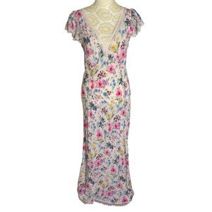 Gap Midi Dress Fit Flare Floral Lace Romantic Ivory Pink Blue S